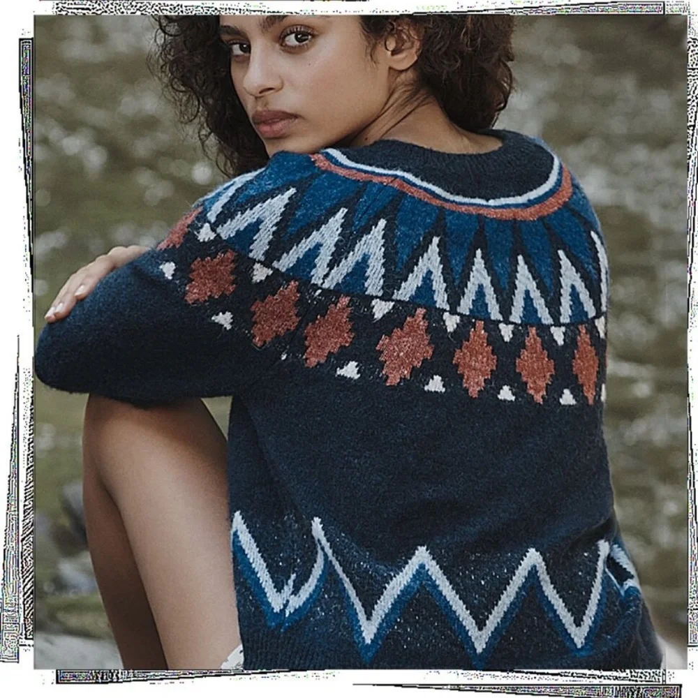 Anthropologie x Sundry Navy Orange fair isle Sweater - Picture 7 of 9
